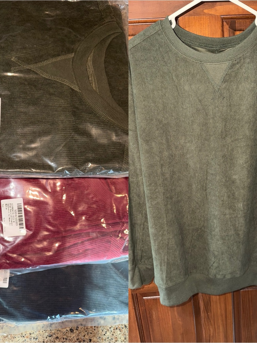 Set of 3- Olive Green, Red & Grey Ribbed Crewneck Sweatshirts